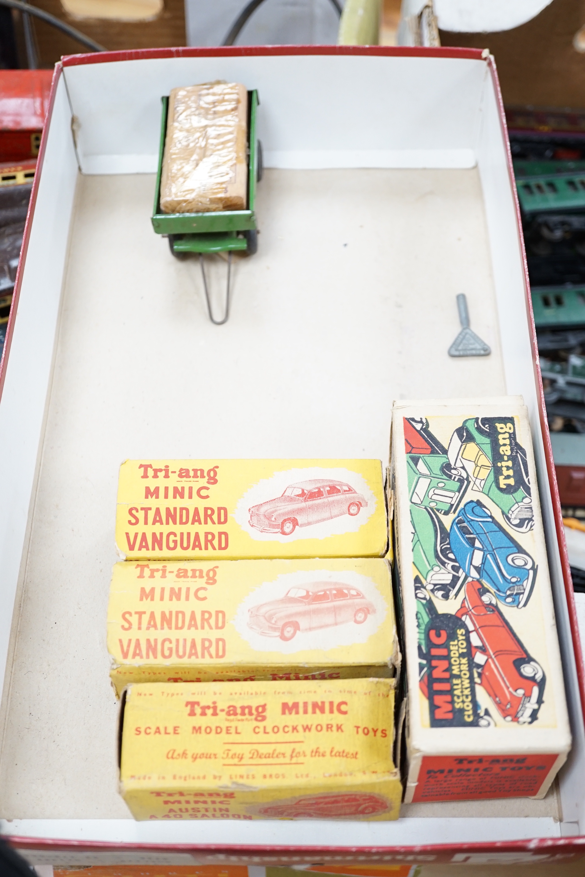 Collection of Tri-ang Minic tinplate vehicles and Matchbox diecast vehicles including ten Tri-ang Minic clockwork vehicles; two Milk Tankers, two Standard Vanguards, a Riley Police Car, a Brewery Tanker, a Minic Transpor